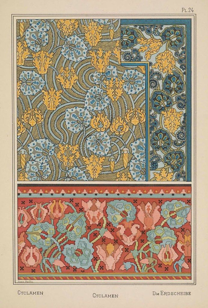 A plate from a design book showcasing two textile patterns: a floral pattern in blue, yellow, and brown, and a geometric pattern in red, blue, and yellow.