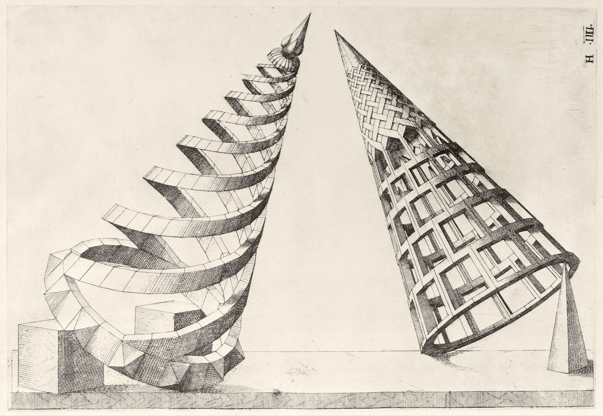 Black and white engraving of two fantastical spiral towers with different architectural designs.