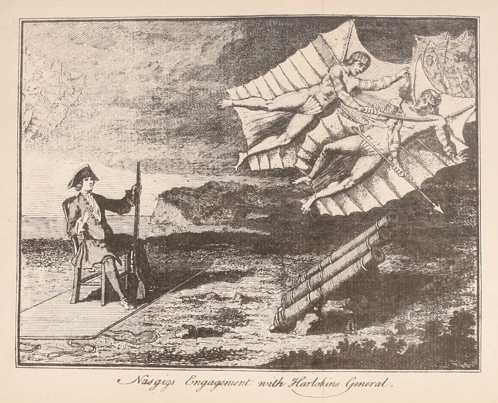 A black and white engraving depicting a naval scene with a man observing a chaotic battle on the water.