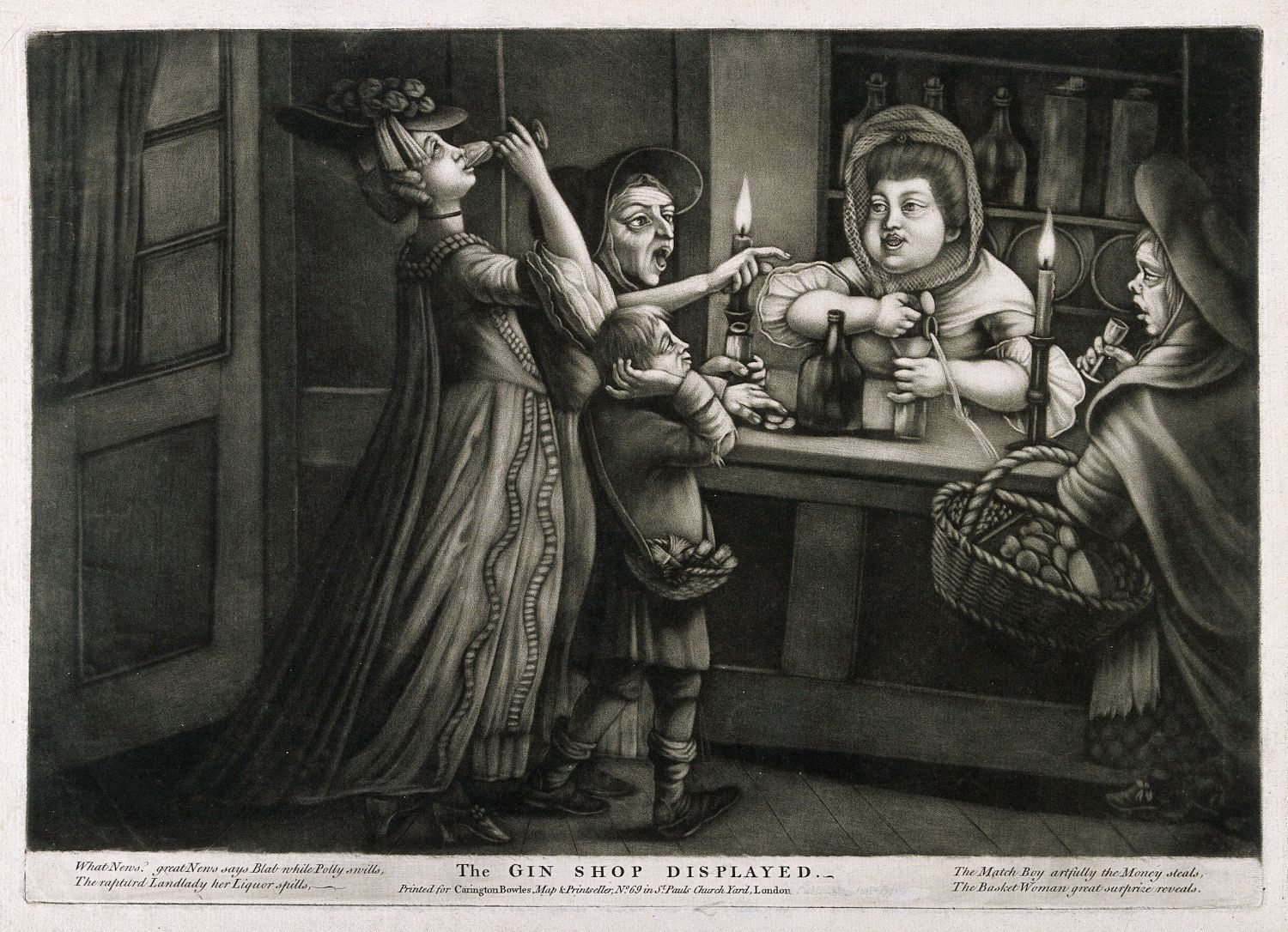 A black and white etching titled "The Gin Shop Displayed" depicting a chaotic scene inside a gin shop, with a gaunt woman, a boy stealing money, and a neglected baby.