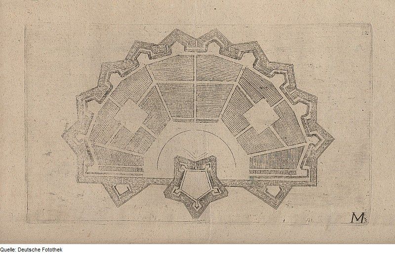 Vintage sepia-toned drawing of a star-shaped fort with detailed architectural plan.
