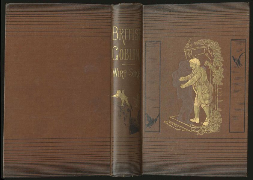 Open antique book with brown textured cover and gold lettering on the spine.