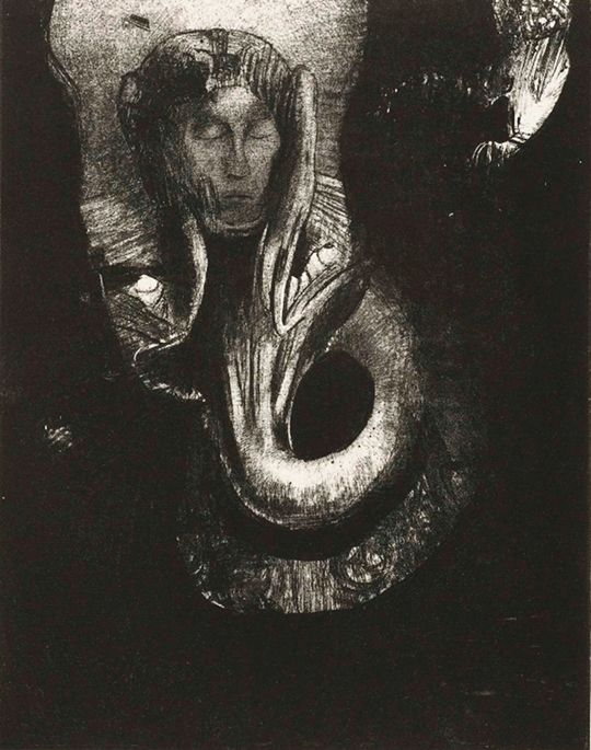 A black and white photograph of a distorted face enveloped by a swirling spiral, with a hand reaching out from the darkness.