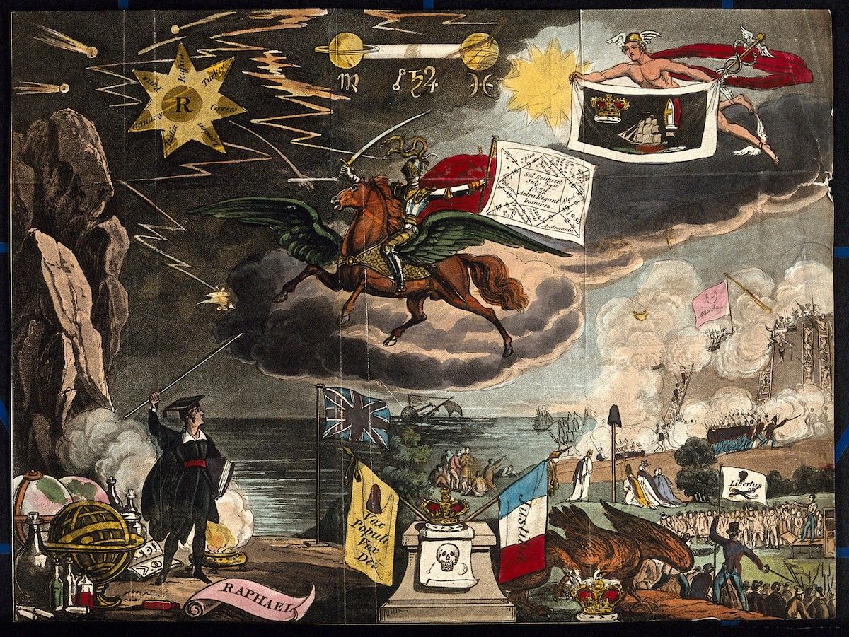 A colorful, allegorical print with a complex composition. The scene is divided into several distinct areas, all connected by a dramatic, stormy sky.