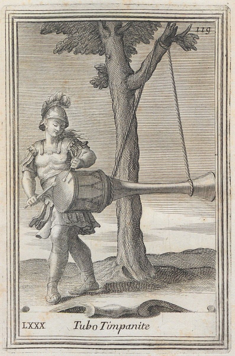 A black and white engraving depicting a person in classical armor playing a large drum suspended from a tree.
