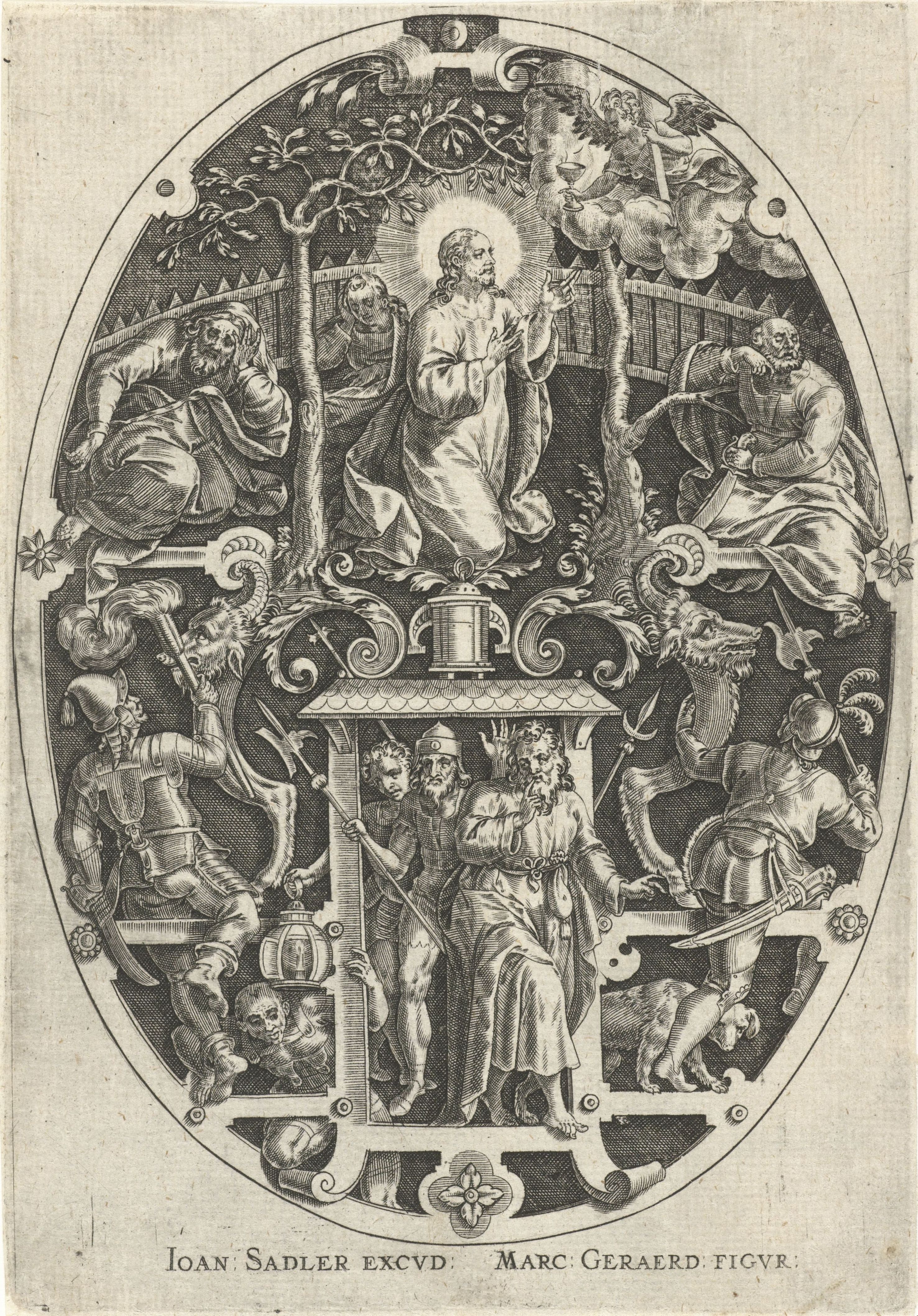 A detailed black and white engraving within a circular frame depicting a religious scene with a central figure seated on a throne and surrounded by figures related to the crucifixion.