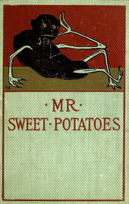 Vintage illustration of Mr. Sweet Potatoes, a dark, spindly figure with a bulbous body and claw-like feet, reclining on a pale green textured background.