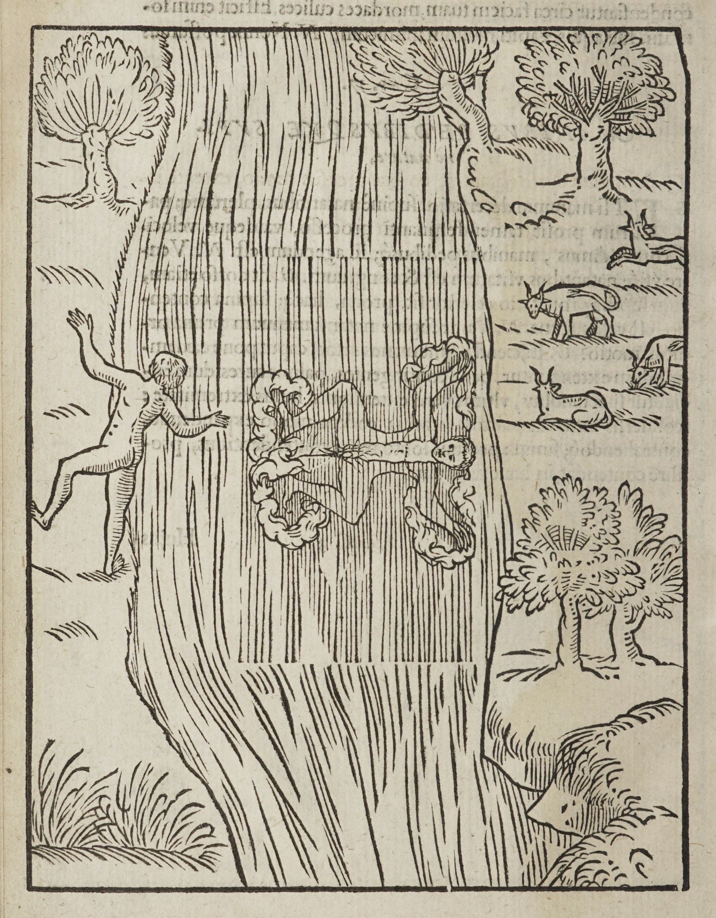 A black and white woodcut illustration depicting a circular dance or ritual in a landscape with trees, birds, and animals.