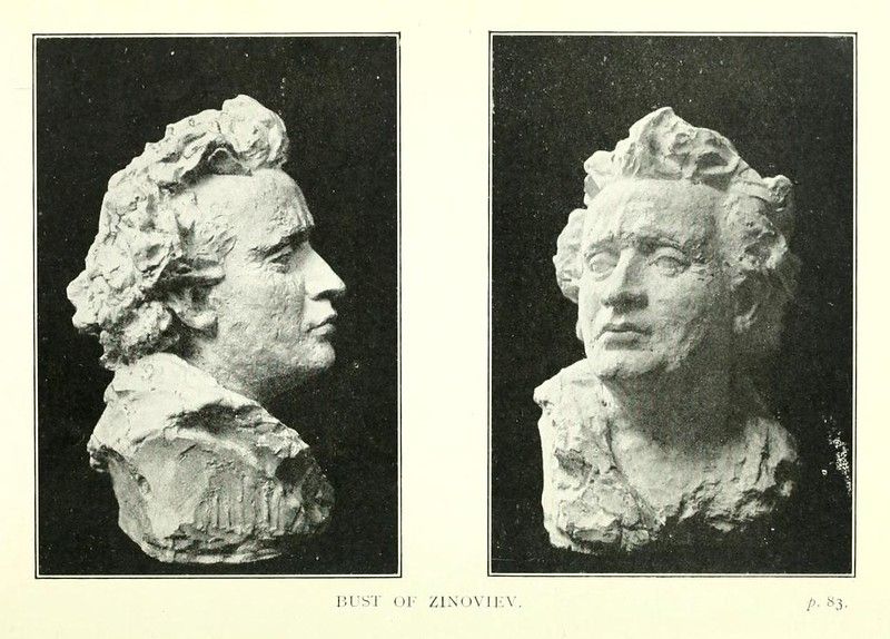 Black and white photograph of a bust of a man, presented in two views: a profile on the left and a frontal view on the right.