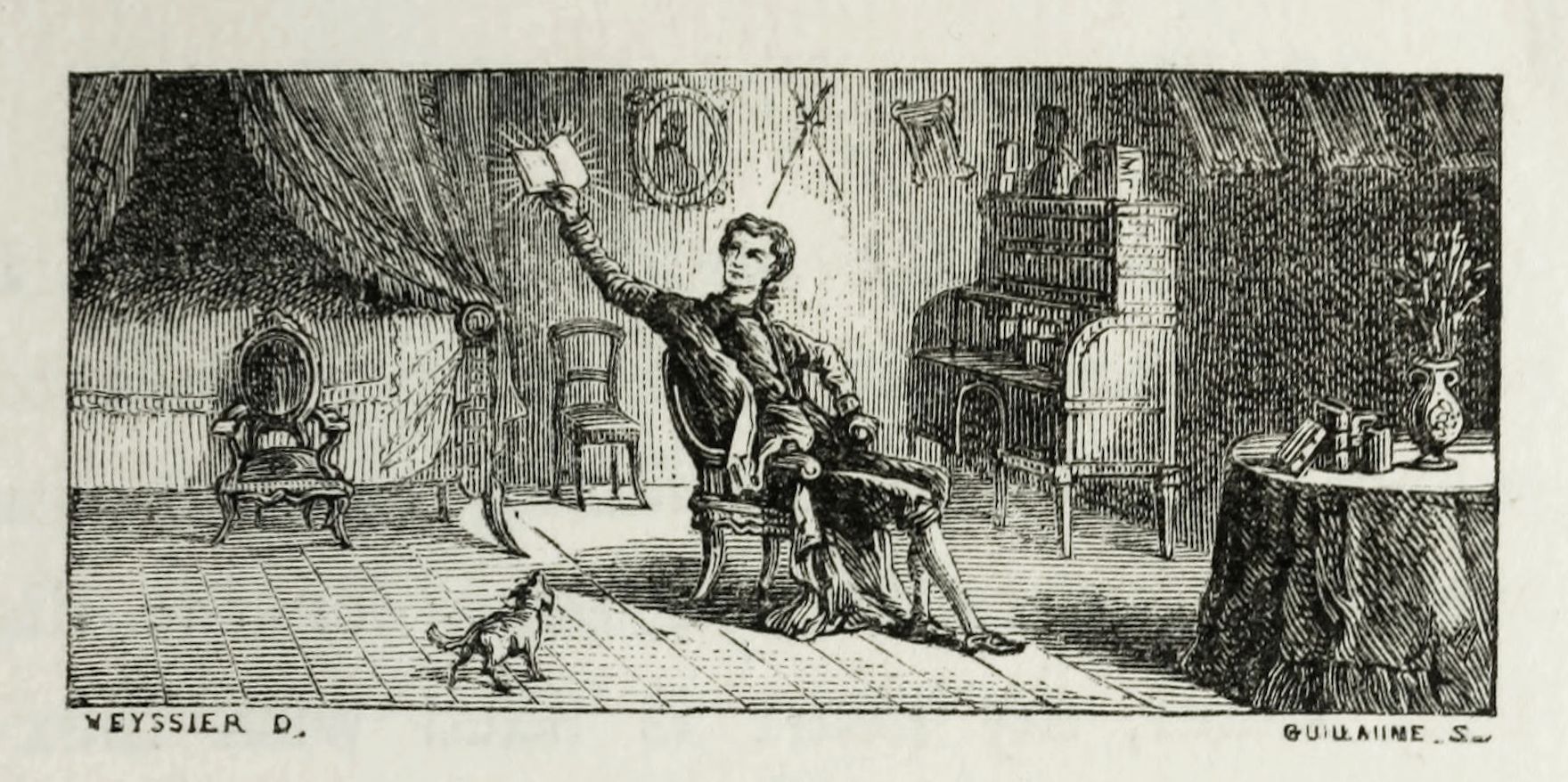 A black and white engraving of a man seated in a chair, holding a book aloft with his right hand. A small dog is standing on the floor near the man's feet, looking up at the book. To the left of the man is a small table with a mirror on top. To the right is a tall shelf filled with books and other objects. A small table with a vase and a book is also visible in the right corner.