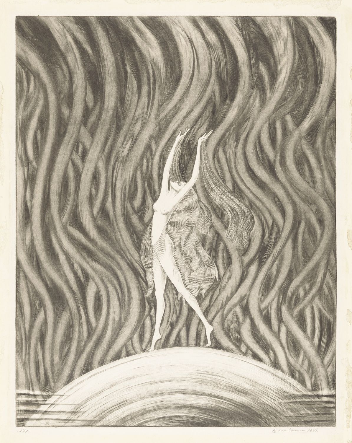A black and white engraving of a nude figure standing on a raised, rounded ground, surrounded by dense, swirling patterns.