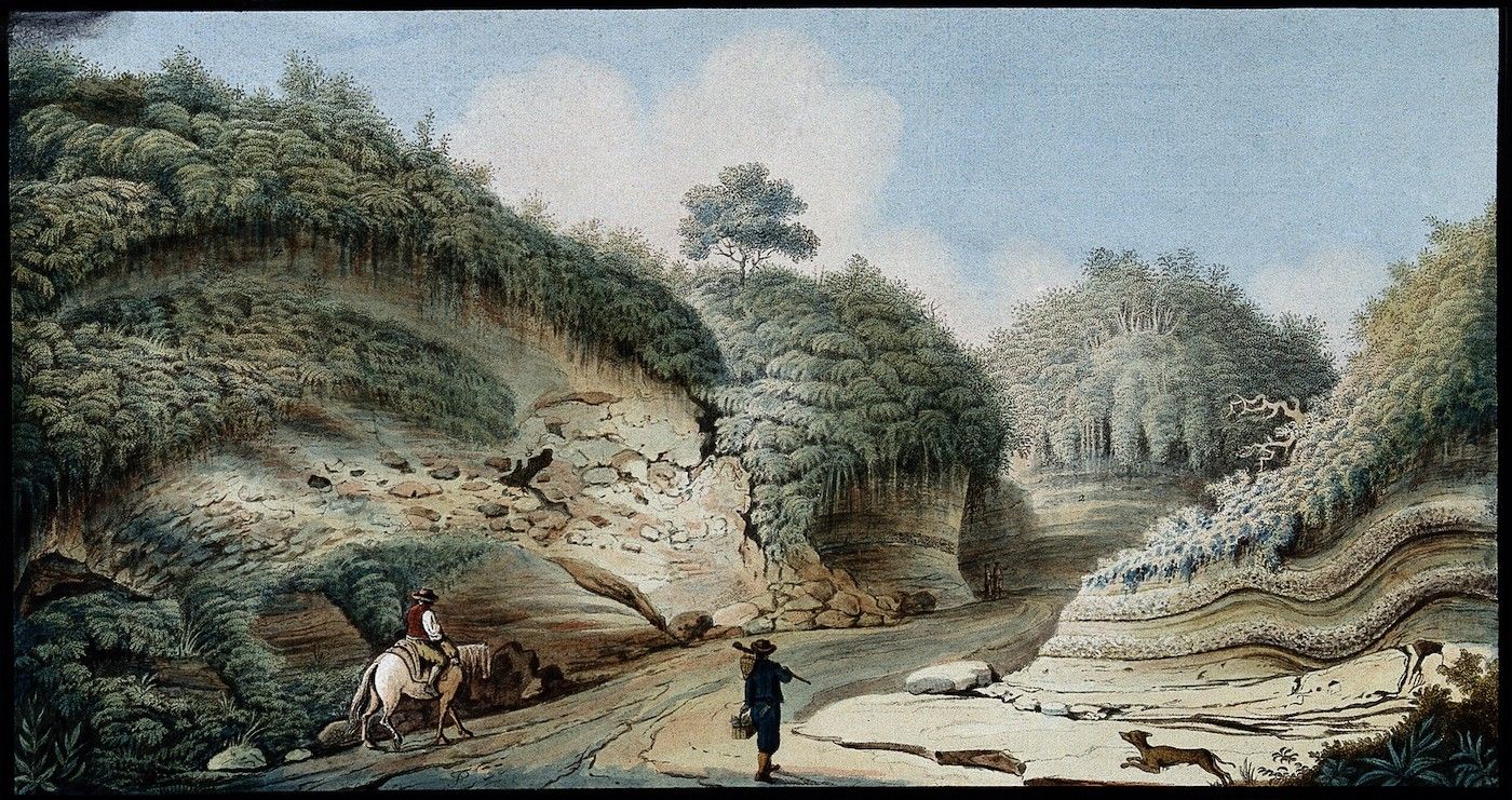 Watercolor painting of a rugged landscape with a narrow valley, a person on horseback, and another person carrying a bundle.