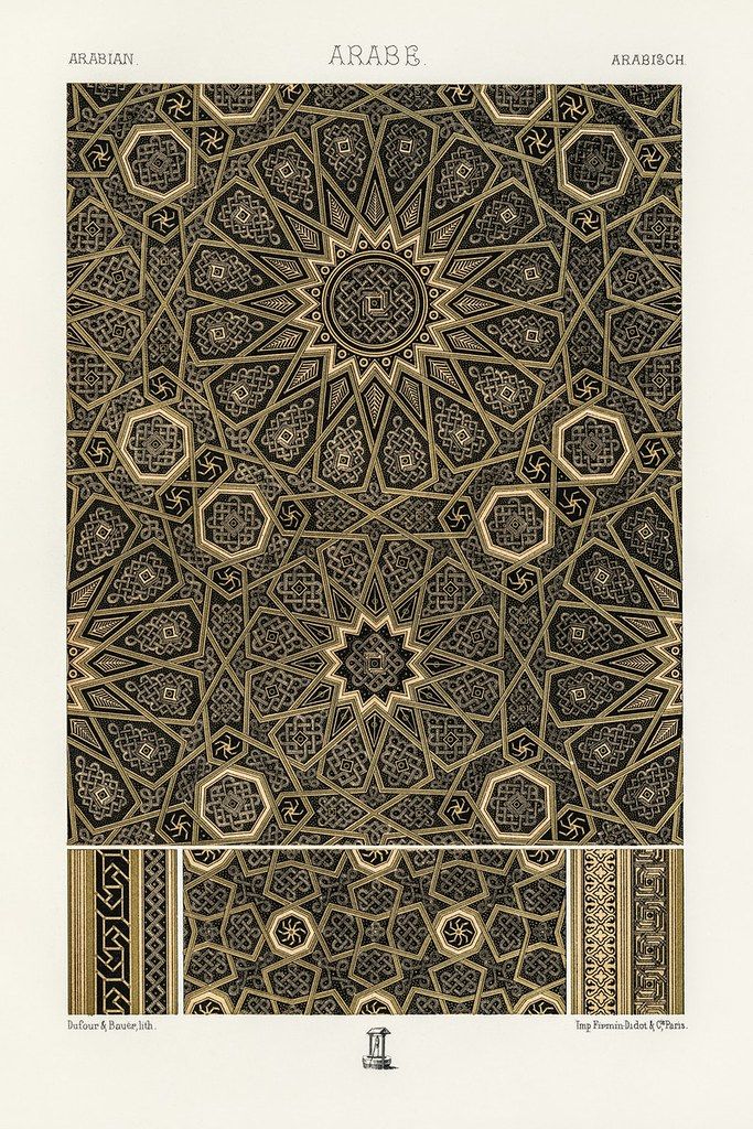A detailed illustration of an Arabesque pattern with a star-shaped core, radiating outwards with intricate interlocking shapes. Below the main pattern, there are three smaller rectangular panels, each displaying a different variation of a border design.