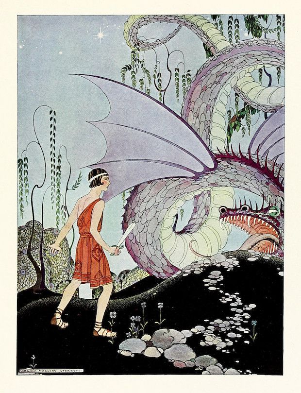Vintage illustration of a person confronting a large dragon in a swampy area.