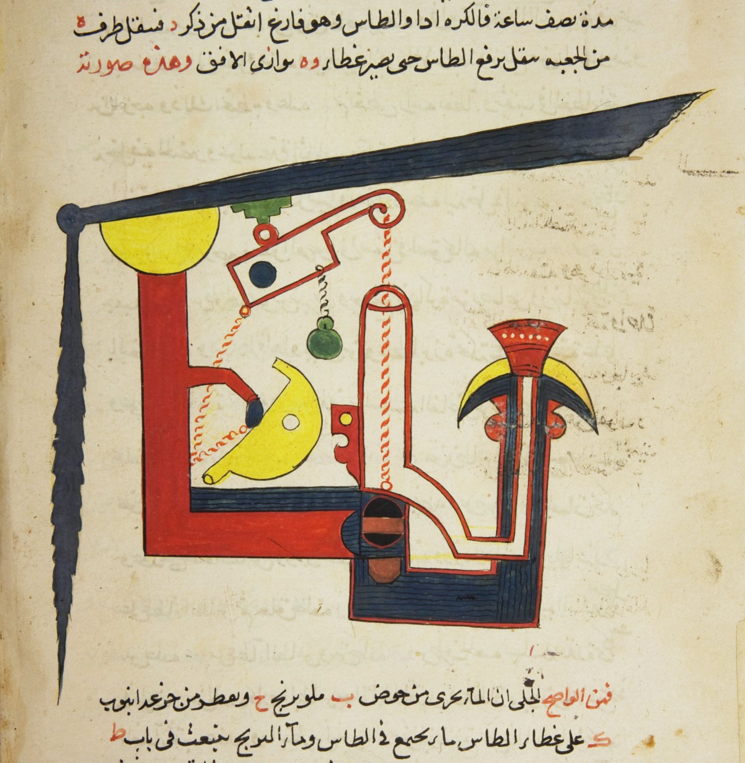A detailed illustration from an ancient manuscript depicting a complex mechanical device, likely a water-lifting machine, rendered in red, black, and beige with Arabic script.