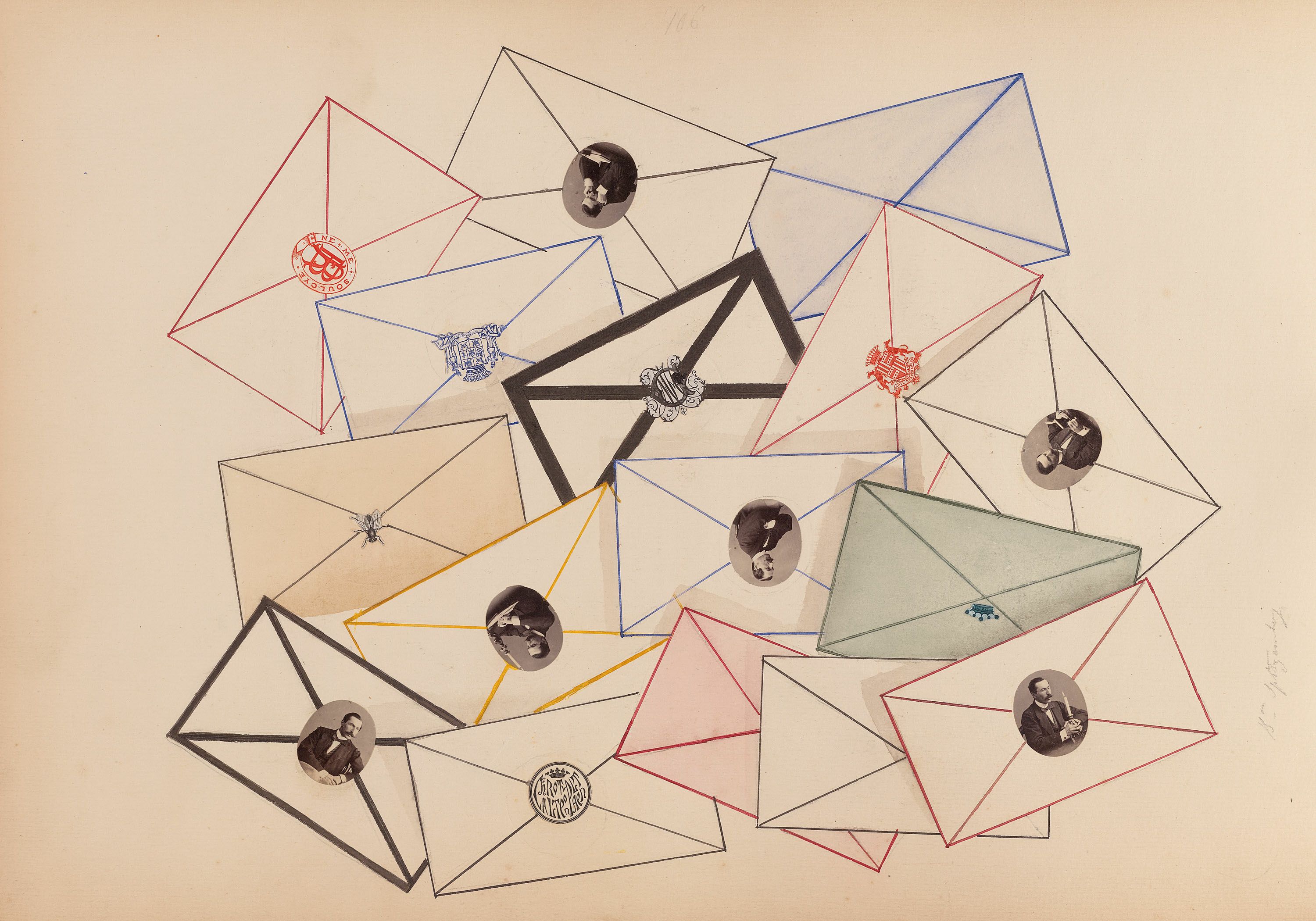 Abstract composition with geometric shapes, portraits, and lines on a cream-colored background.