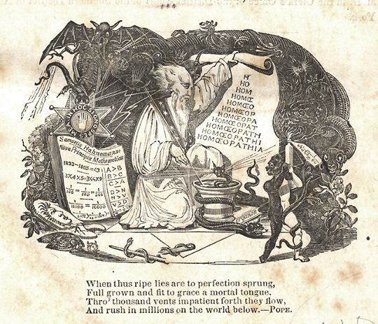 Antique engraving of a man stirring a cauldron with a devil adding ingredients, surrounded by mathematical symbols, a scroll with 'HOMOEOPATHIA', and decorative elements. Text below reads: 'When thus ripe lies are to perfection sprung...'