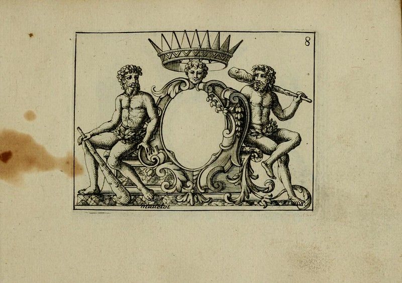 An ornate engraving featuring a crown above an oval frame, flanked by two satyrs holding staffs.