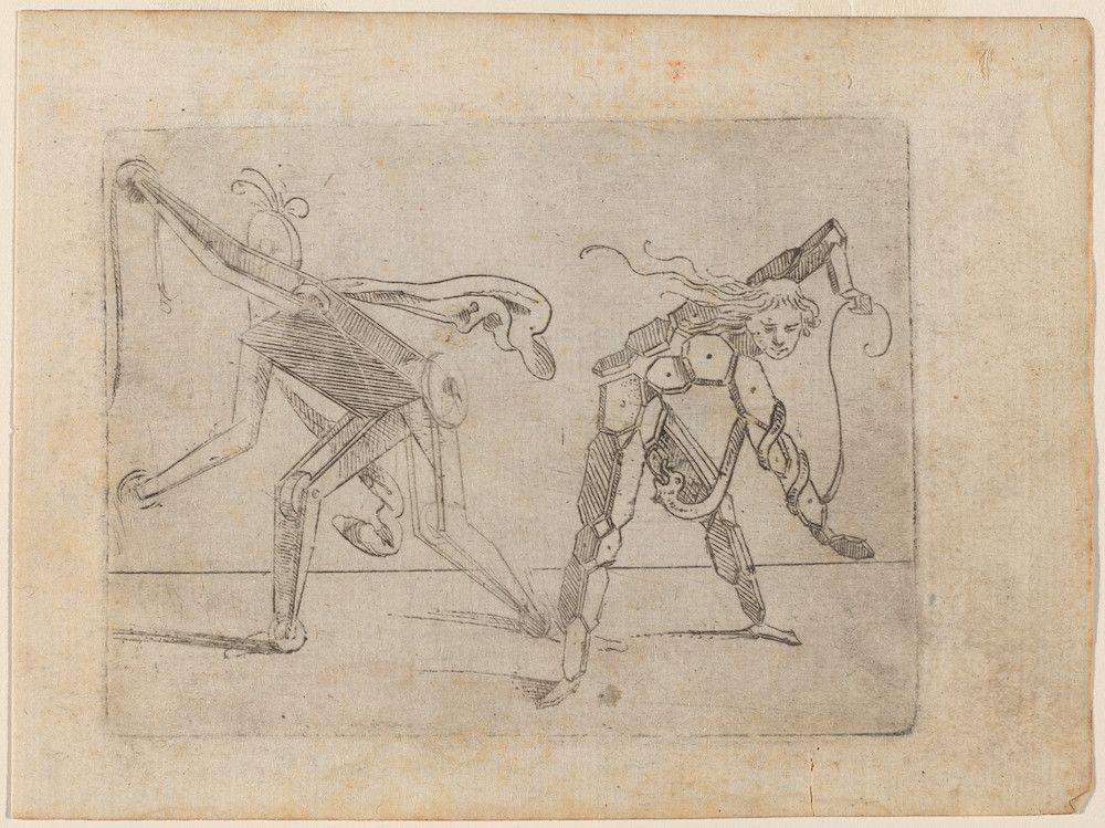 A black and white sketch of a person fighting a large grasshopper.