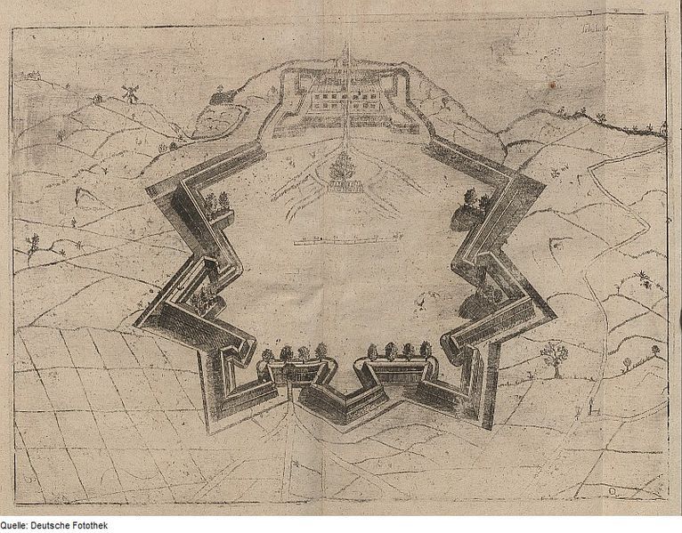 Vintage sepia-toned drawing of a star-shaped fortification surrounding a castle.