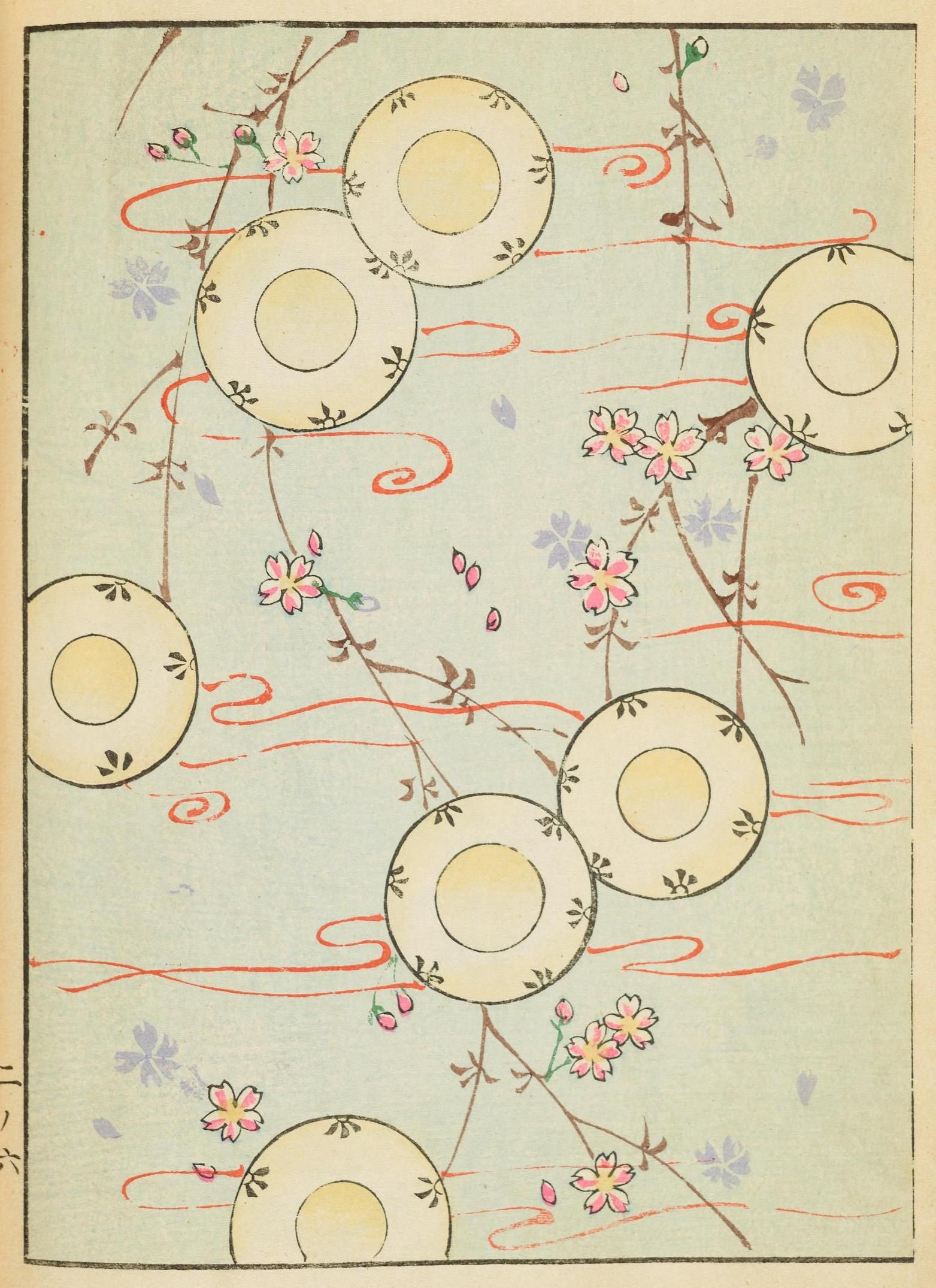 Vintage pattern with bowls, cherry blossoms, and swirling red lines on a light green background.
