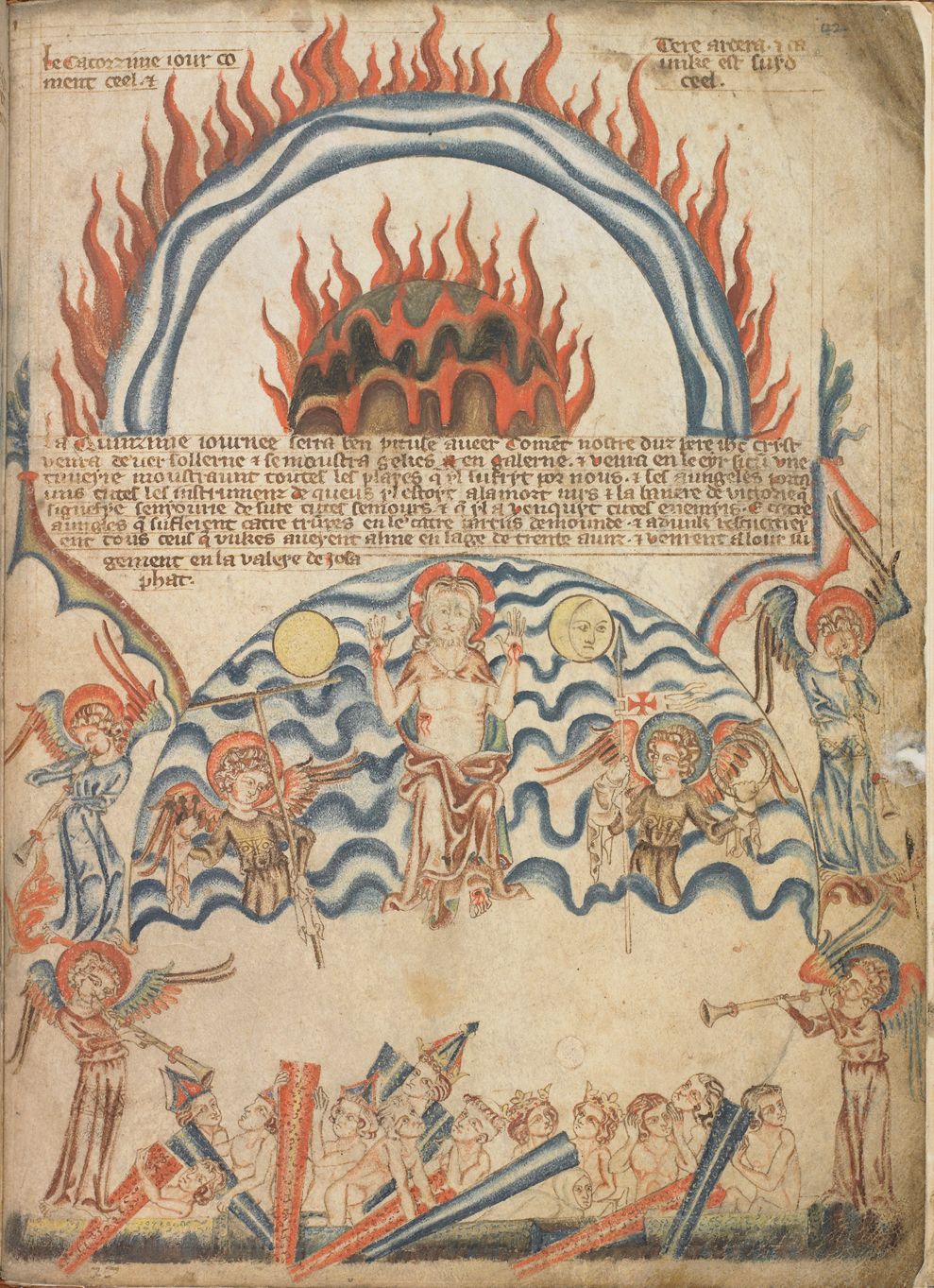 Medieval illuminated manuscript depicting the Last Judgment with fiery skies, angels, demons, and tormented souls.