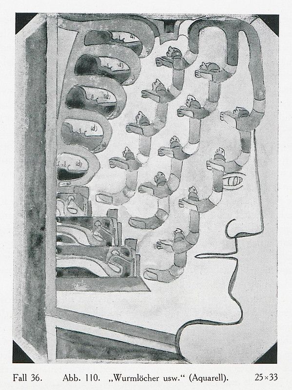 A black and white watercolor drawing depicting a surreal and unsettling scene. The central focus is a profile of a human face, but it's filled with a multitude of small, worm-like figures.