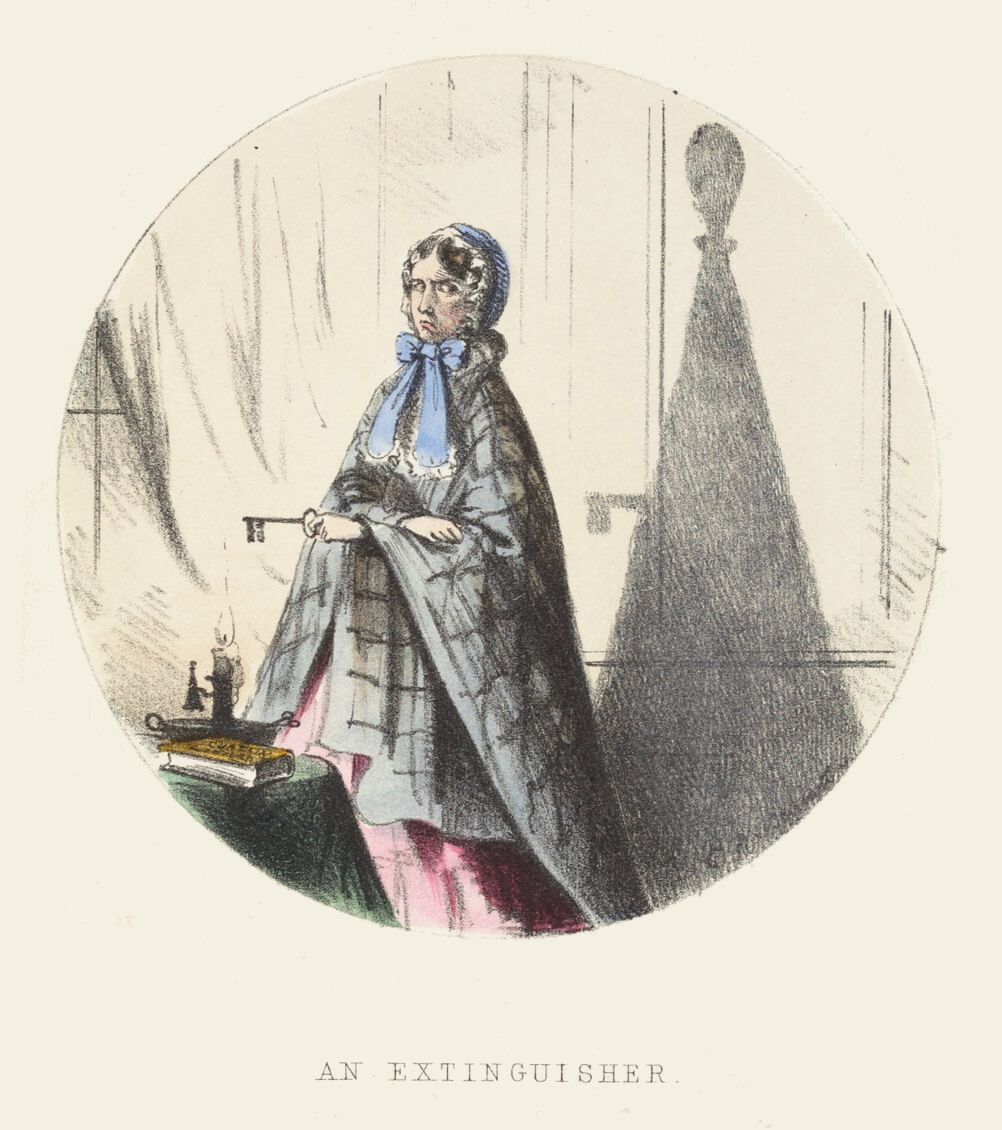 Vintage illustration of a woman in mourning, titled 'An Extinguisher'.