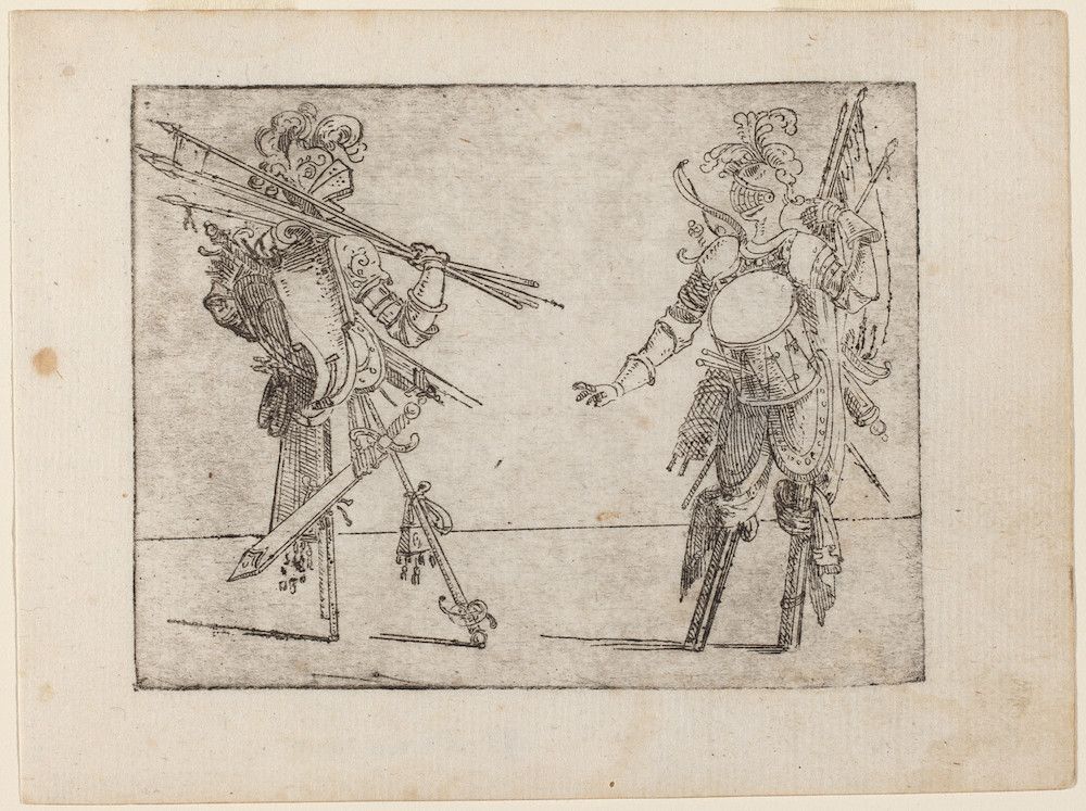 A black and white engraving depicting a battle scene between two knights in full armor.