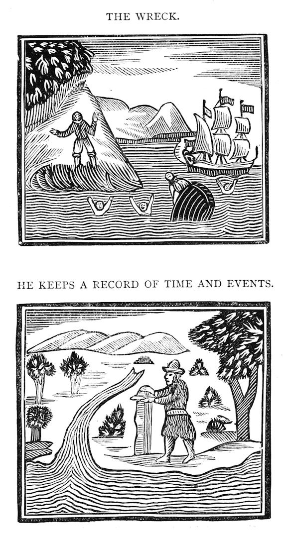 Two woodcut illustrations. The top shows a shipwreck with a man on a cliff. The bottom shows a man recording events on a stone column.