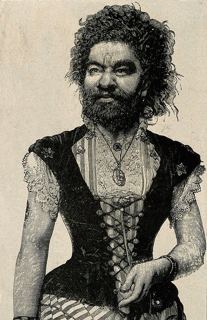 Vintage illustration of a person with curly hair, a beard, and a fitted bodice.