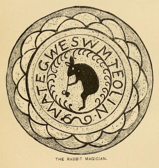 A vintage illustration titled 'The Rabbit Magician' featuring a circular design with a black silhouette of a rabbit in the center, surrounded by ornate patterns and text.