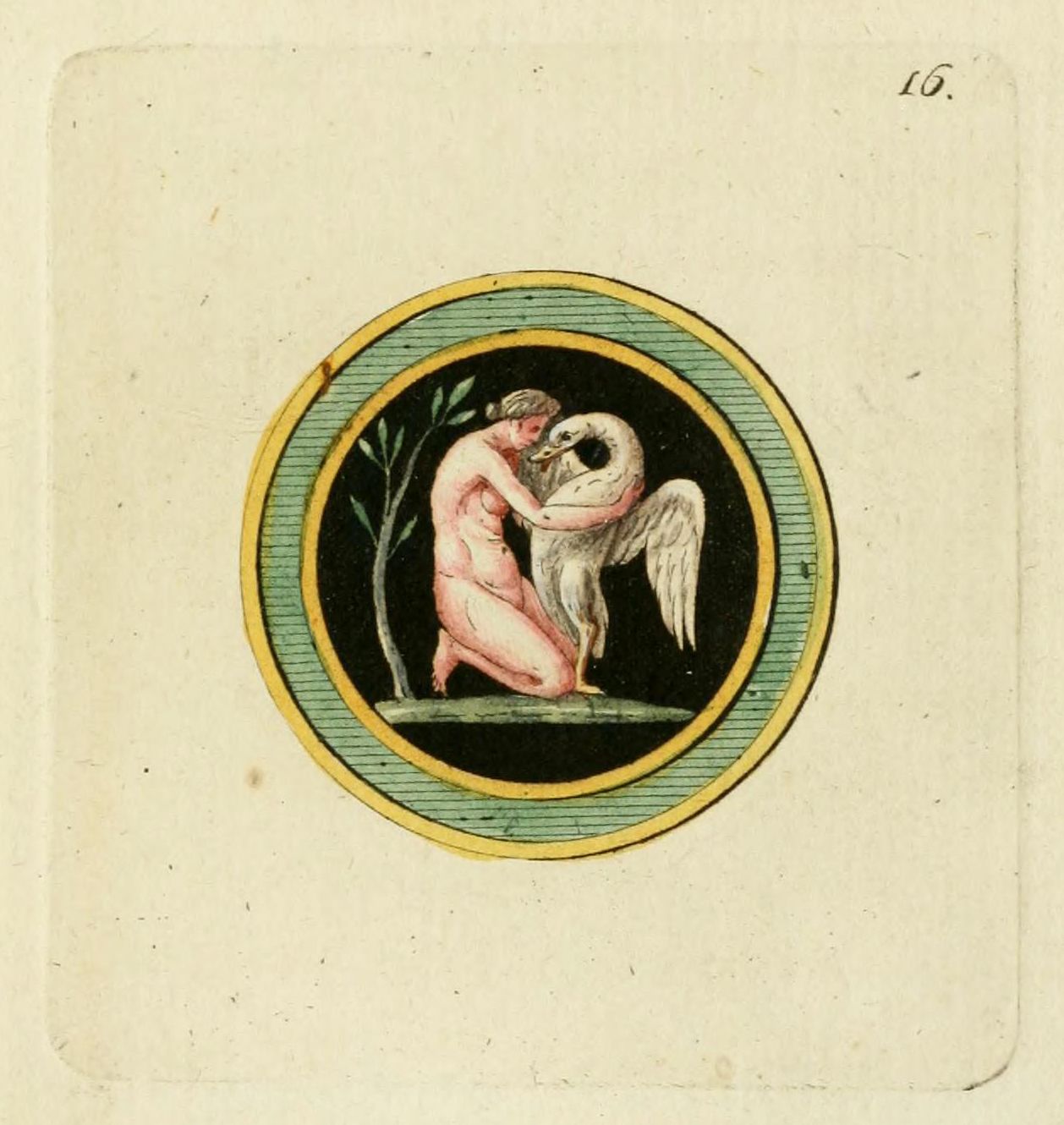 Circular vignette of a nude person embracing a swan, with a tree in the background, set within a multi-colored frame.