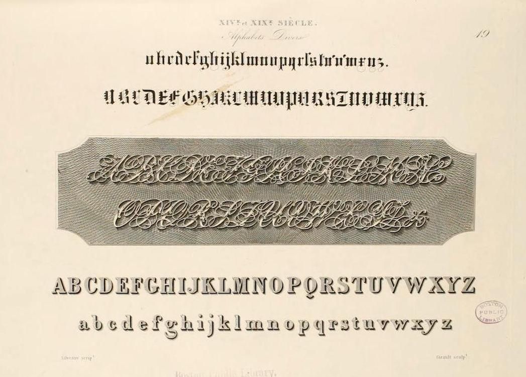 A vintage page showcasing ornate and standard alphabets, with decorative flourishes and a circular stamp.