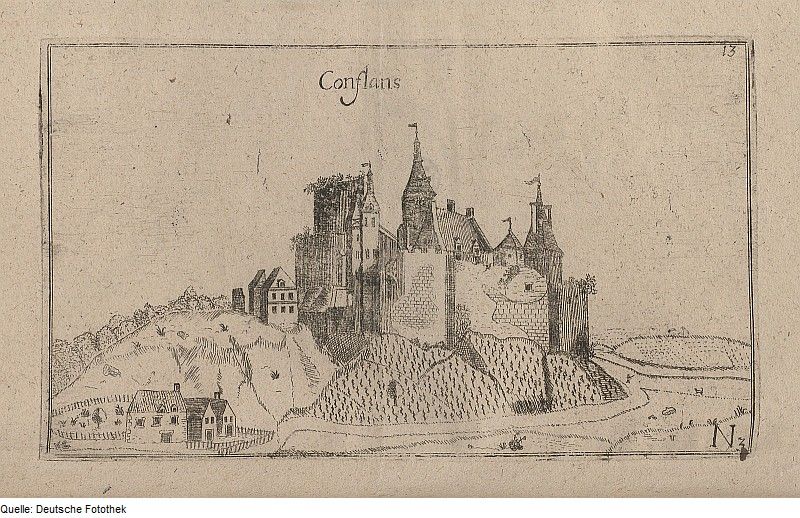 Vintage black and white illustration of a castle on a hill with surrounding buildings and landscape.