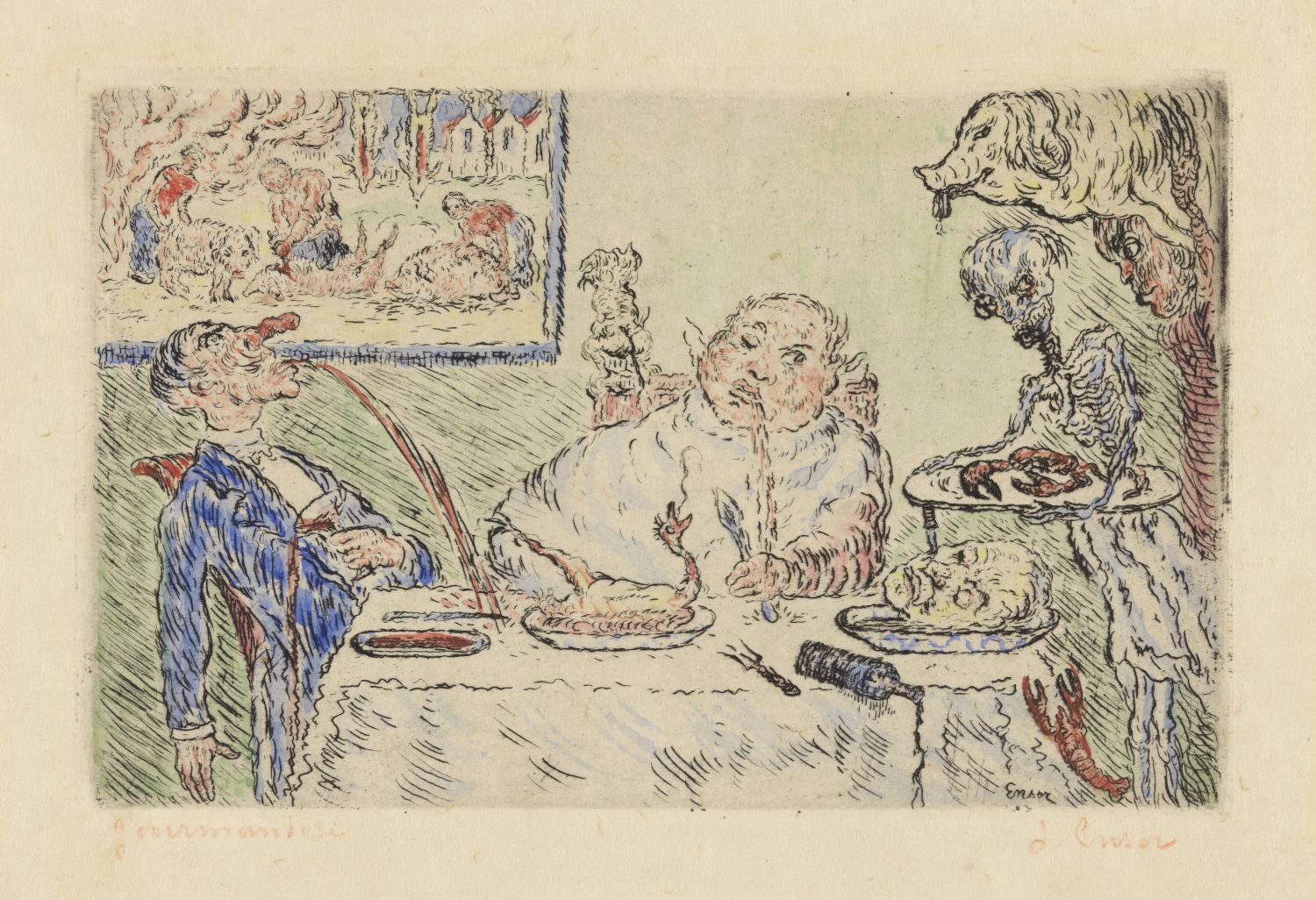 Vintage-style artwork depicting a dining scene with several figures around a table, a server pouring liquid, and a lively, chaotic atmosphere.
