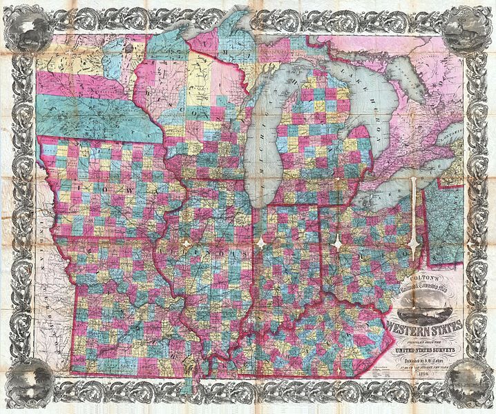 Vintage map of the Western United States with a patchwork of colored counties and an ornate border.