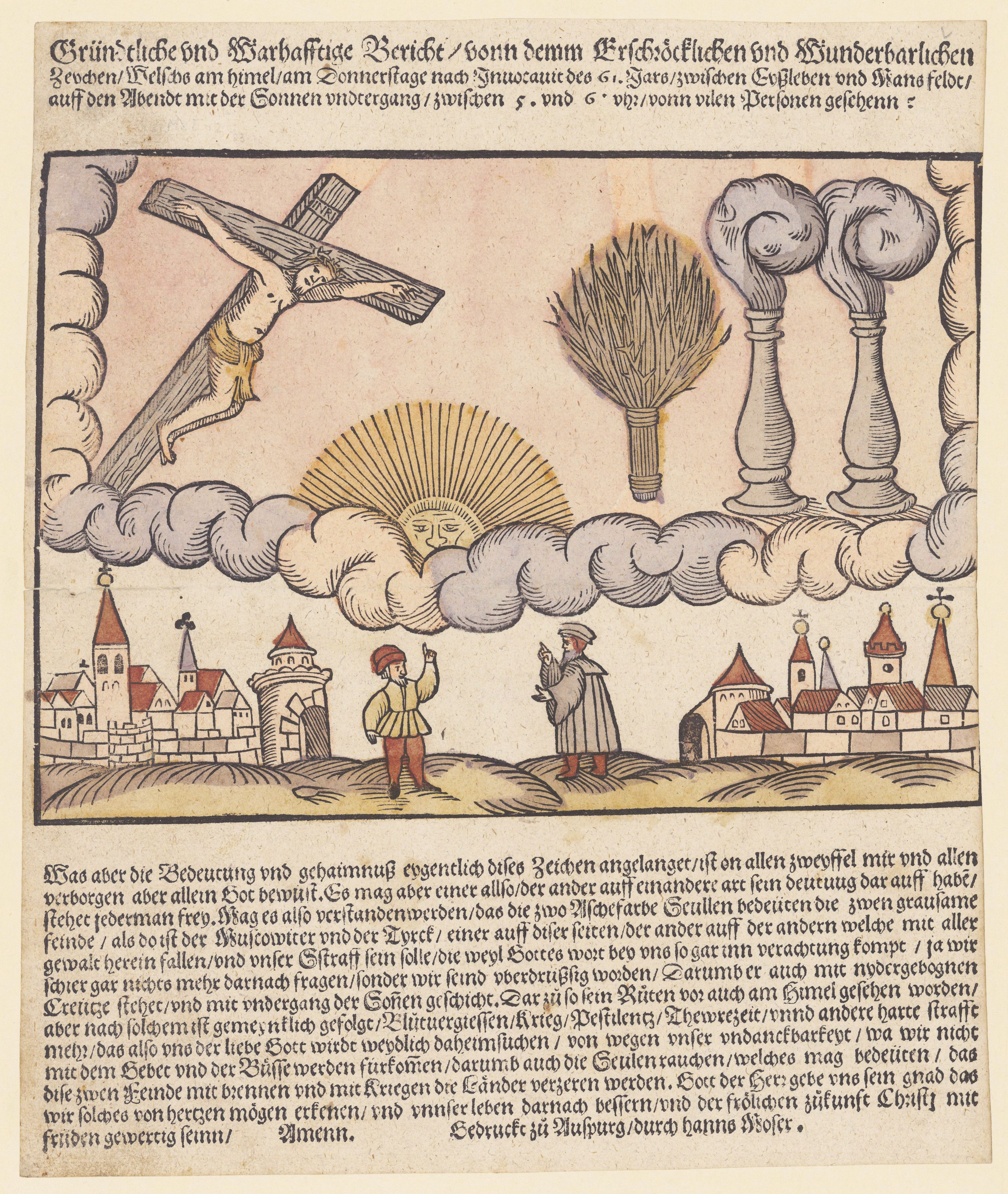 A woodcut print depicting a cross with a sun above it, a figure in red below, and a town in the background, surrounded by text.