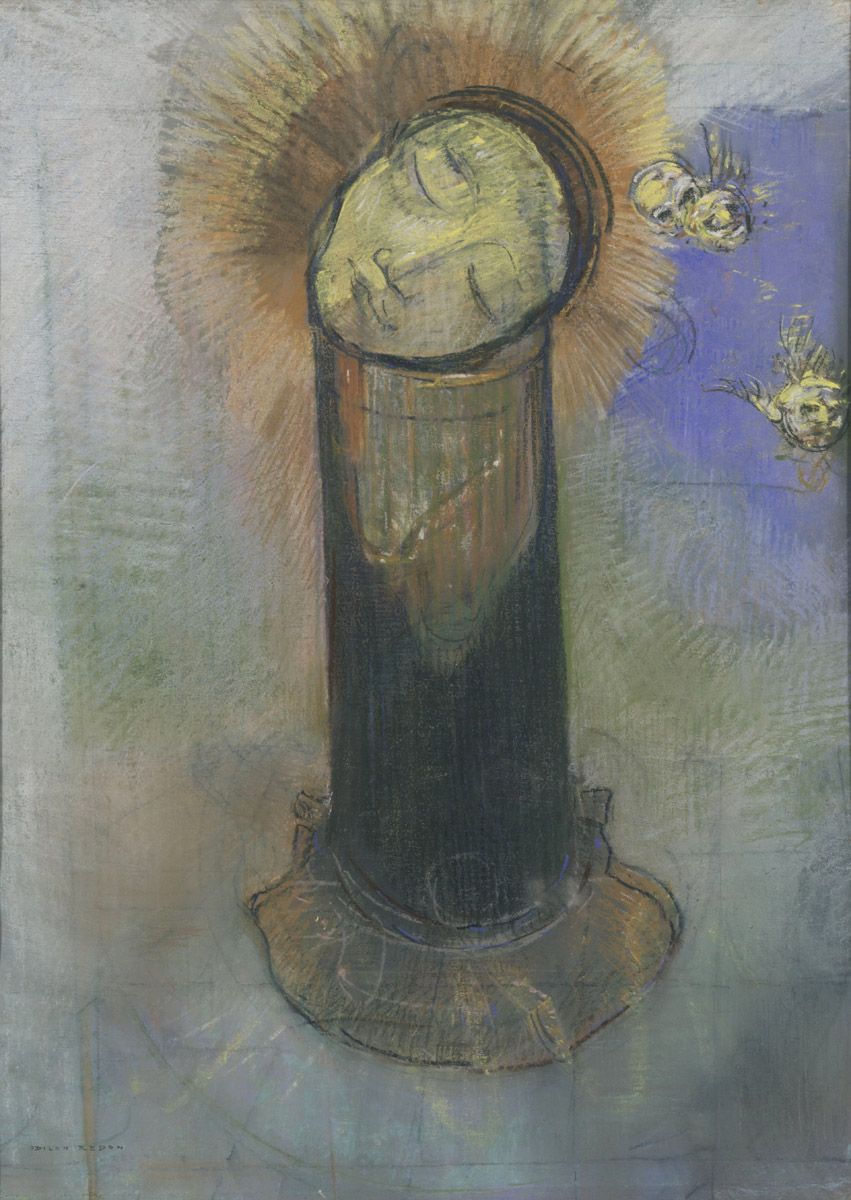A pastel drawing of a tall, dark candle with a halo and two angels.