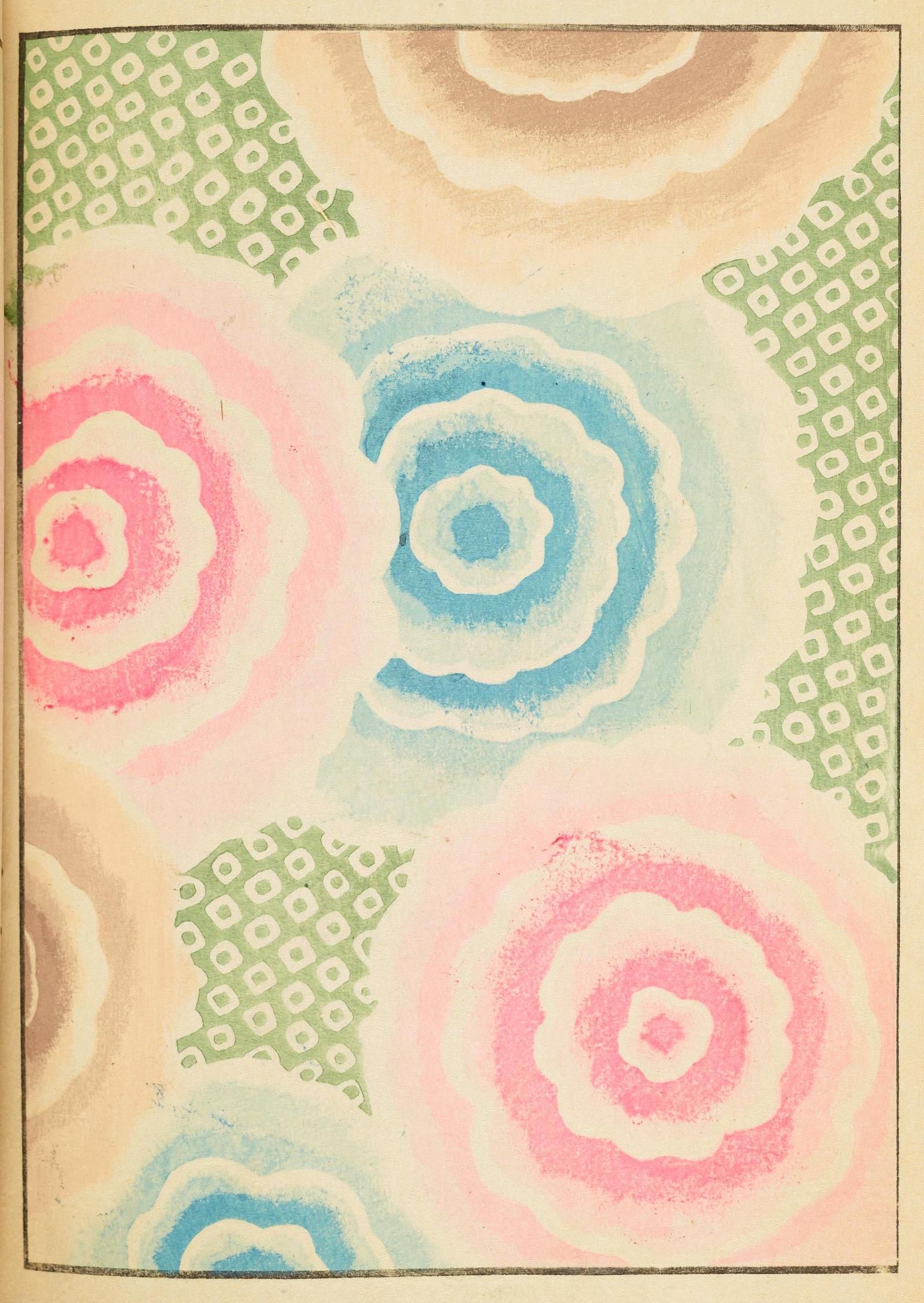 Vintage repeating pattern with stylized flowers in pink and teal, interspersed with geometric patterns of squares and triangles on a cream background.