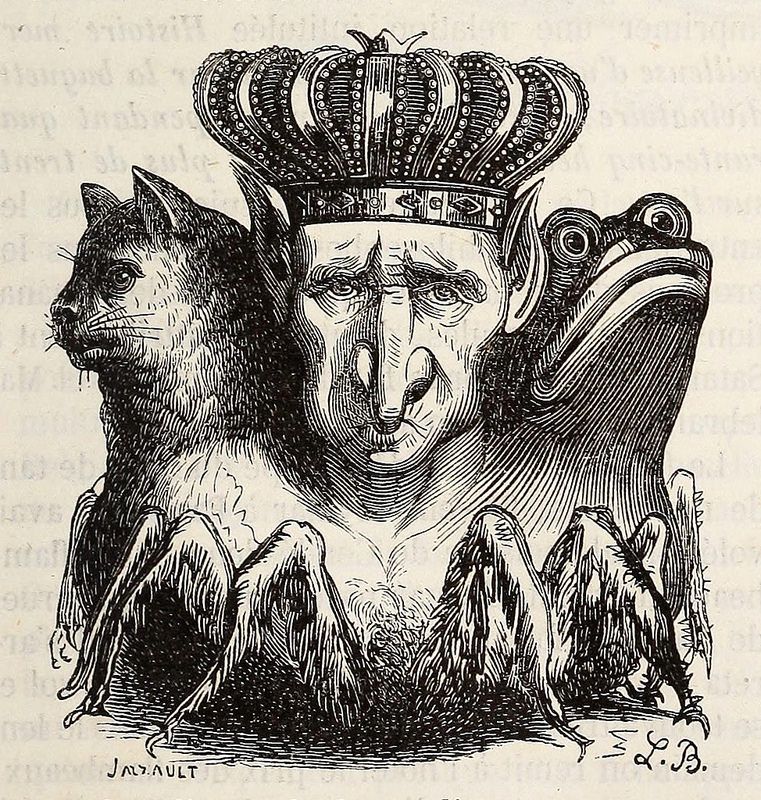 A black and white engraving of a composite creature with a human face flanked by a cat and a frog, wearing a crown.