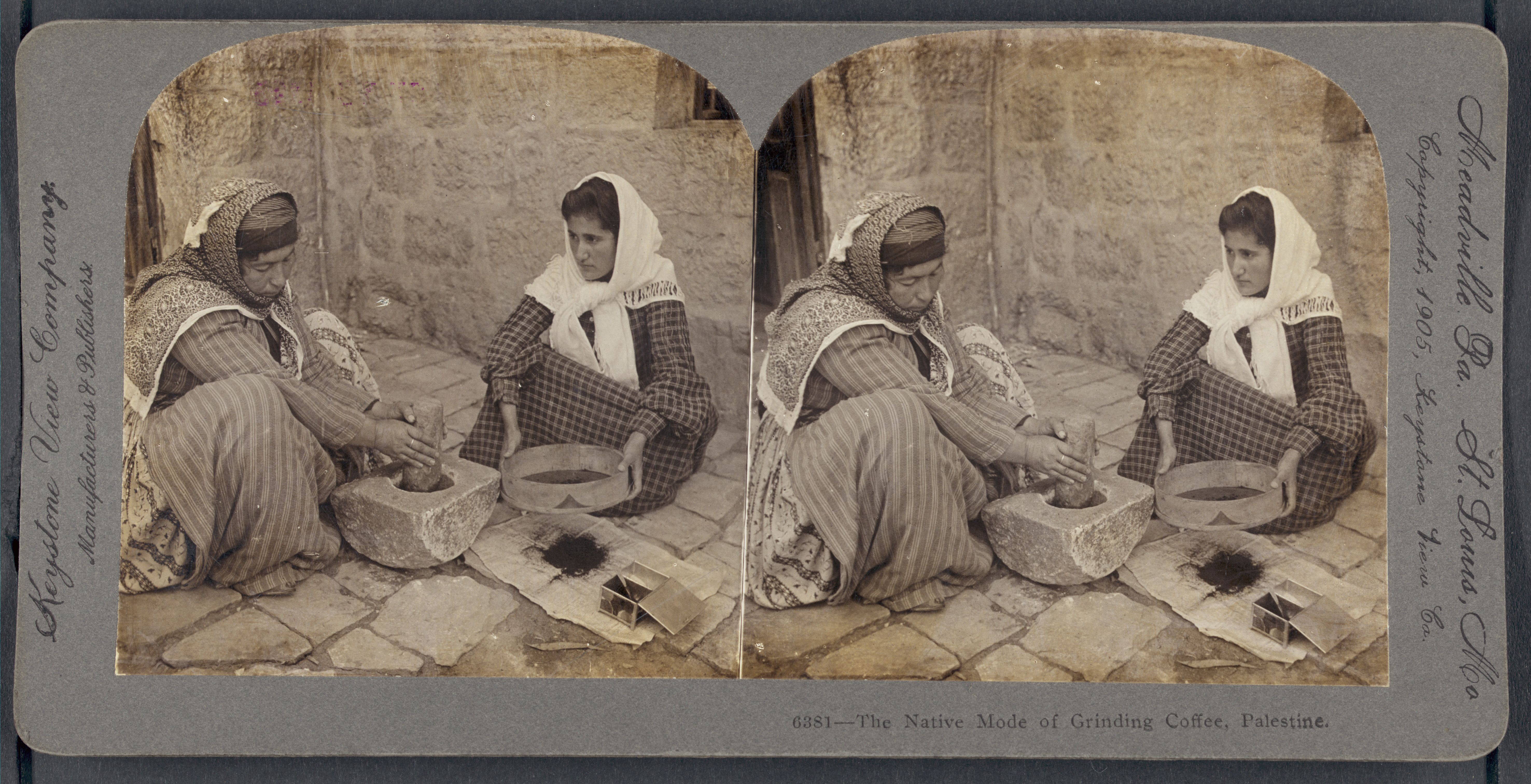Stereoscope card depicting a woman grinding coffee in Palestine.