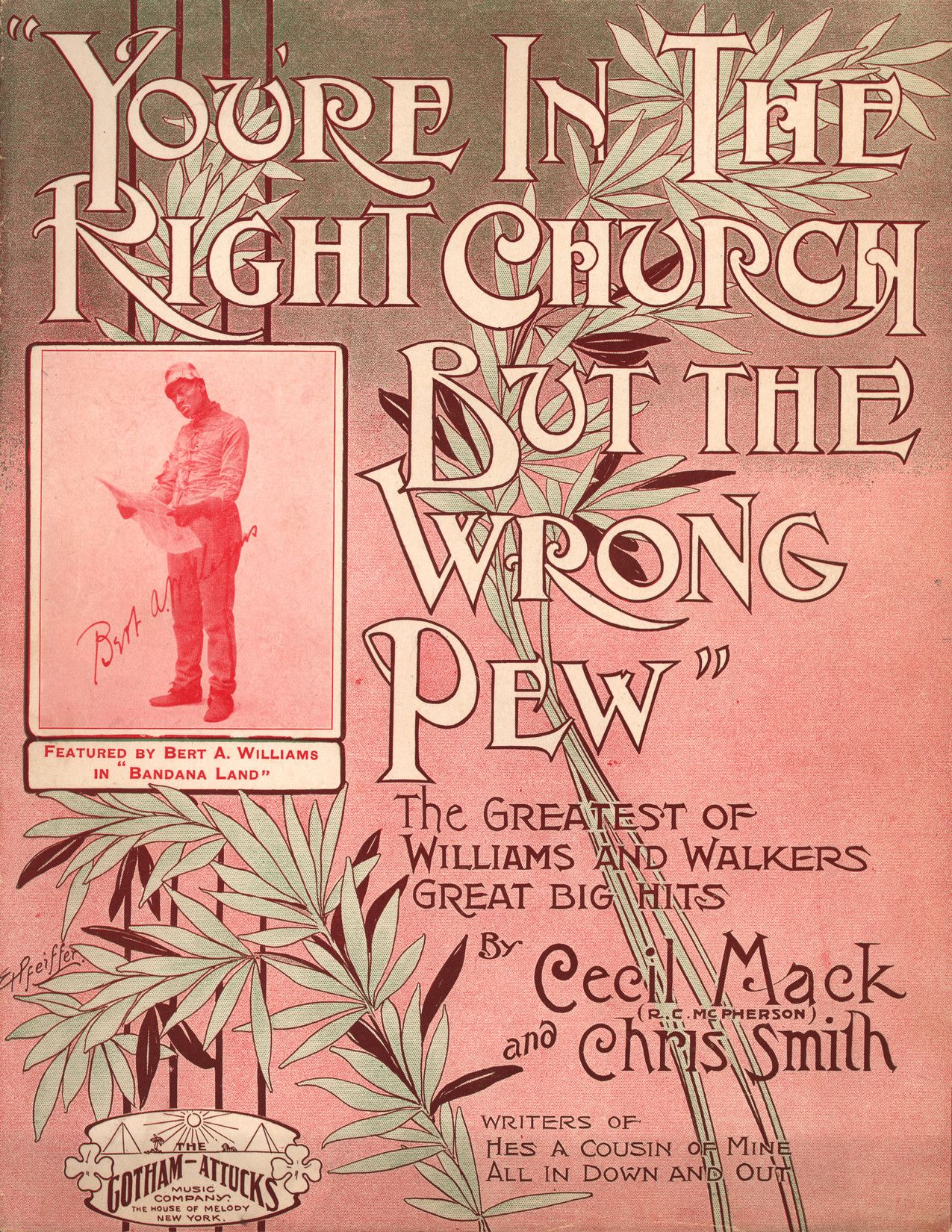 Vintage sheet music cover for "You're in the Right Church but the Wrong Pew" featuring a portrait of Bert A. Williams and ornate floral designs.