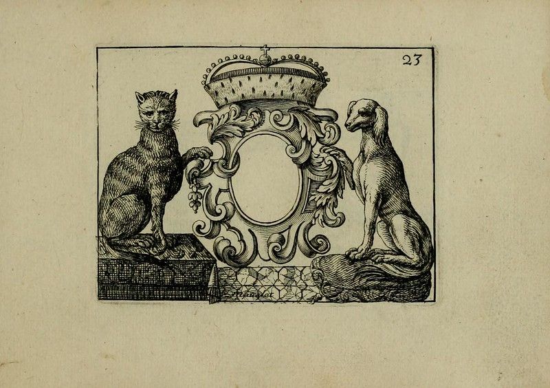Vintage illustration of a cat and dog flanking an ornate frame with a crown.