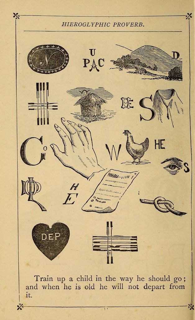 A vintage illustration titled "Hieroglyphic Proverb" with symbolic images and letters representing a moral lesson. The text below reads: "Train up a child in the way he should go; and when he is old he will not depart from it."