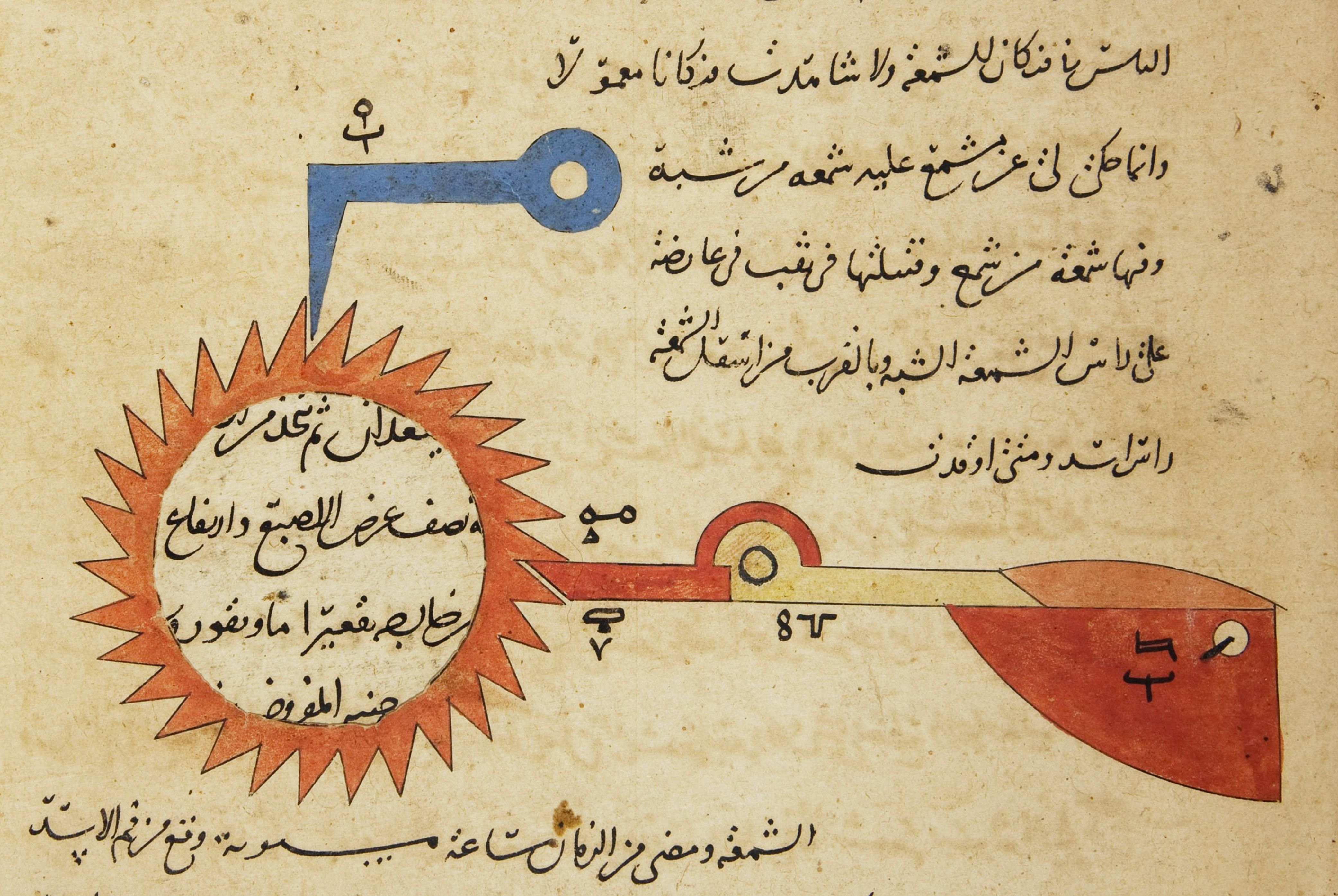 A detailed illustration from an old manuscript, featuring a stylized sun with radiating rays and surrounding Arabic script.