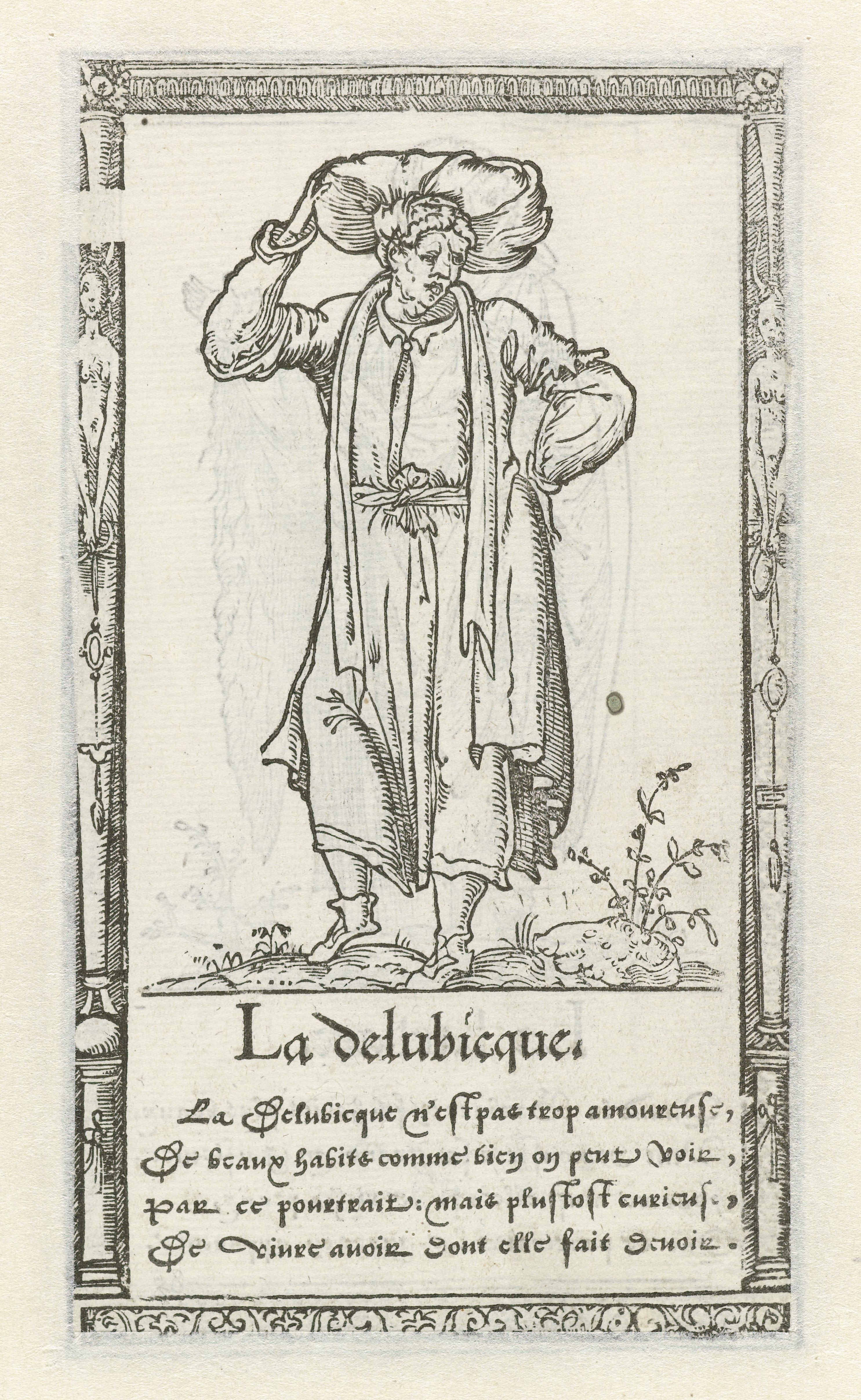 A black and white woodcut illustration of a woman in elaborate clothing, with text below.