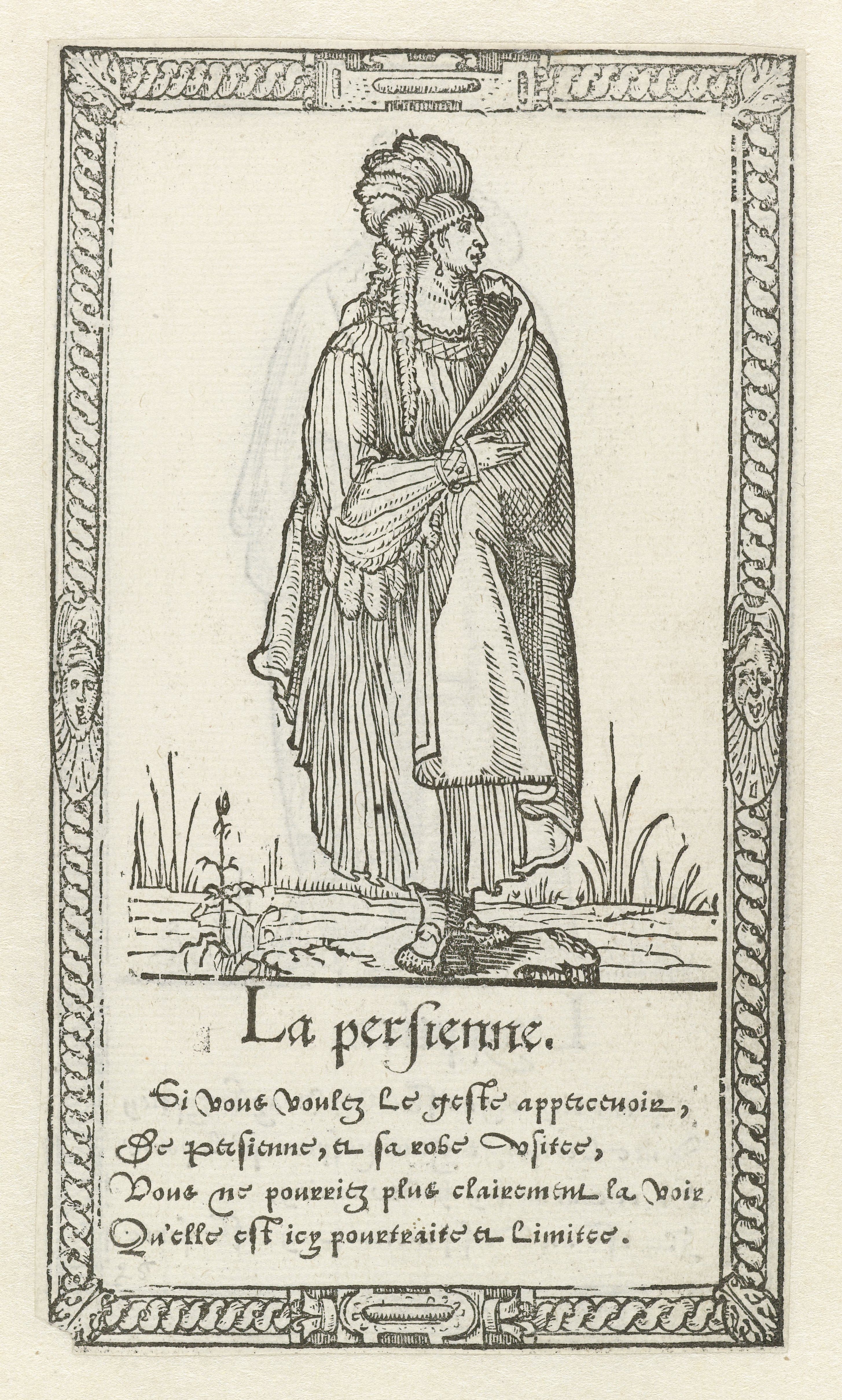 A black and white engraving of a woman standing in a field of grass, with text below and an ornate border.