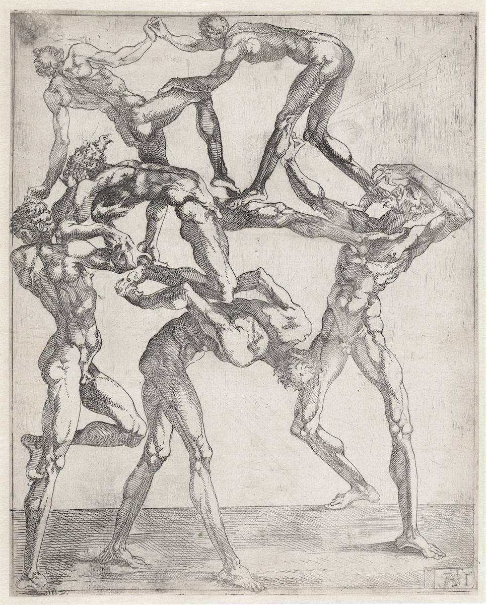 A black and white engraving of a circular arrangement of nude human figures intertwined and supporting each other in dynamic poses.
