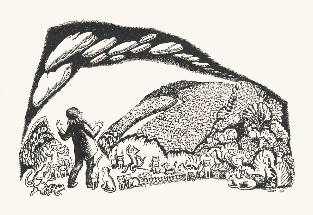 Black and white illustration of a person surrounded by a multitude of cats under a large arch.